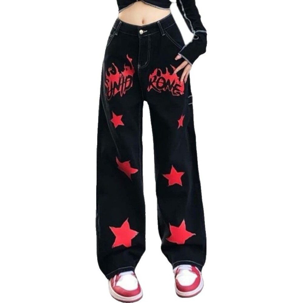Hig Rise Y2K Star Harajuku Fashion Trendy Baggy Wide Leg Black Jeans Size L Goth